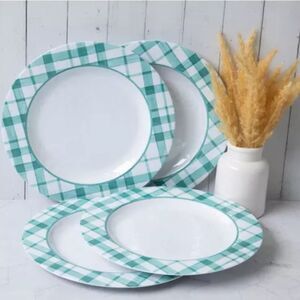PLAID RIM SET OF FOUR DINNER PLATES